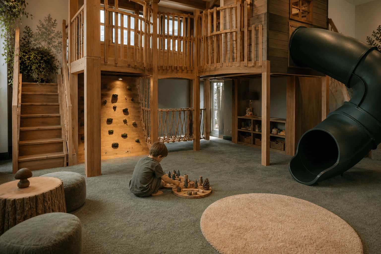 Visualization of a child building with wooden pieces on the floor beneath the play structure