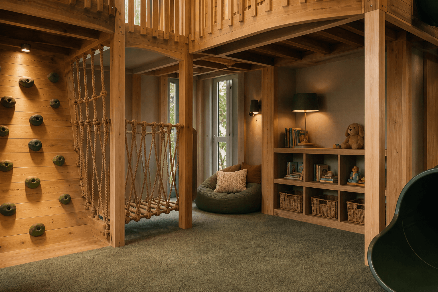 Concept detail of low cubbies, woven baskets, and books under a timber play structure