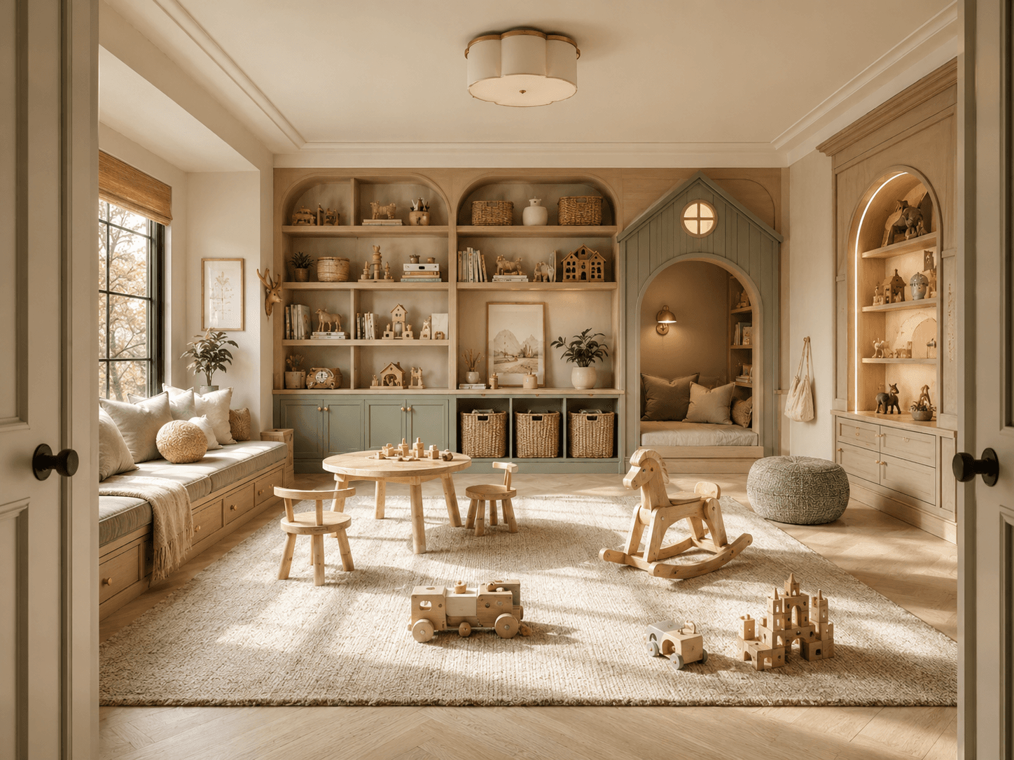 Visualization of a playroom with arched sage millwork, a reading nook, low table, and woven baskets