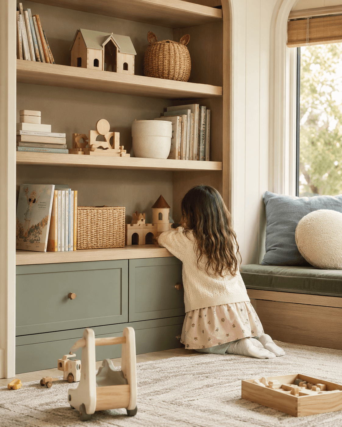 Child reaching for wooden toys on low open shelving beside a window seat