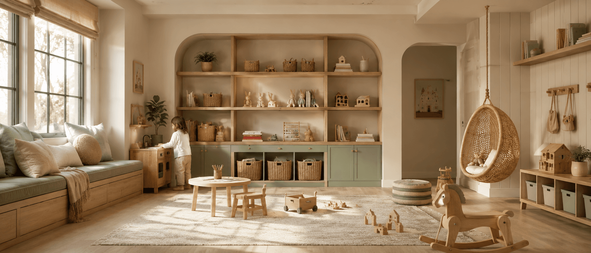 Sunlit playroom with sage-green built-in storage, a rocking horse, hanging rattan chair, and a child at the play kitchen